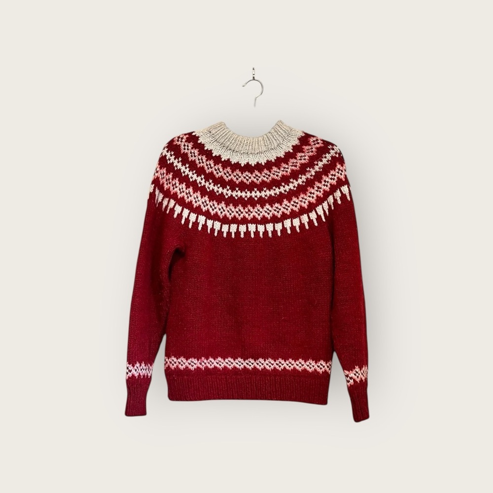 Vintage Handmade Red Fair Isle Wool Knit Sweater | Nordic Icelandic Style